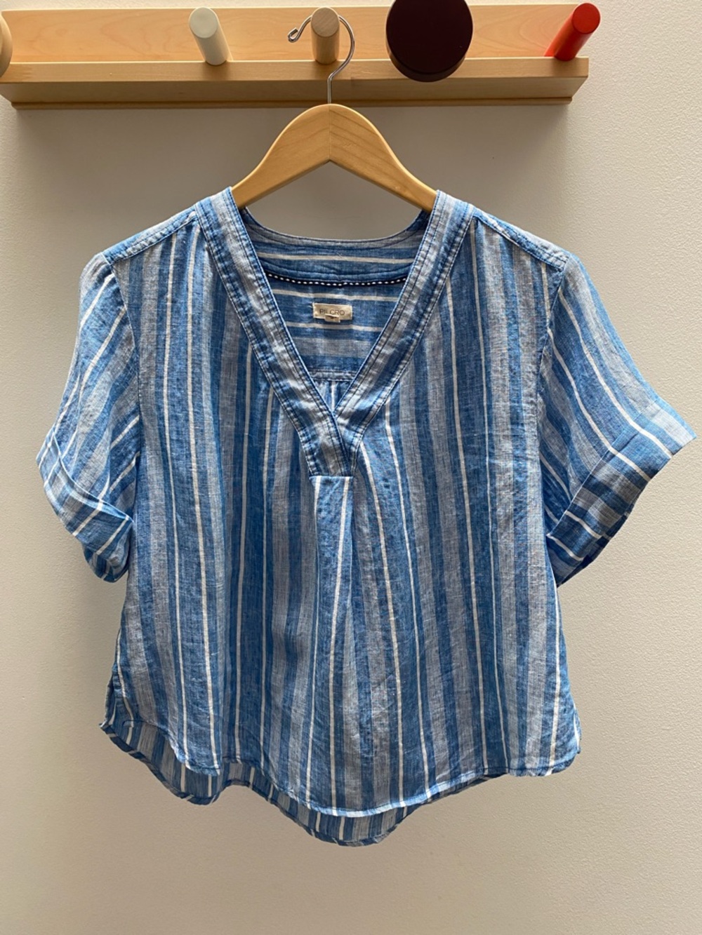 Pilcro Blue & White Striped V-Neck Linen Top